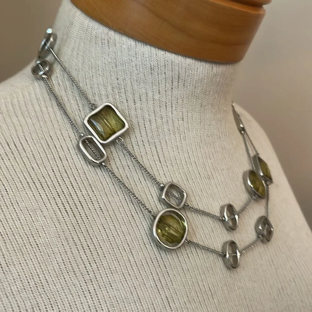 Vintage Lia Sophia “Midori” Silver-tone Station Necklace with Green Gems